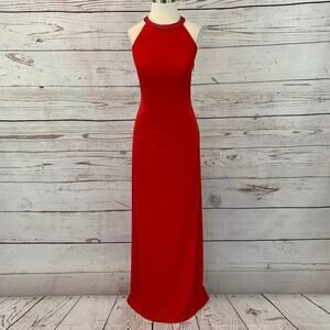 JS Boutique red long beaded high neck dress